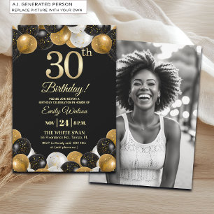 Convite Foto de 30º Aniversário em Preto e Dourado Glitter