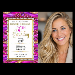 Convite Foto de 30º Aniversário Glam Pink Gold Jeweled Str