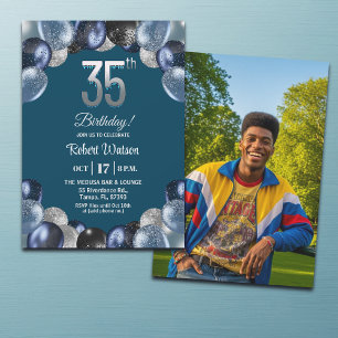 Convite Foto de 35º Aniversário com Brilho Azul Elegante P