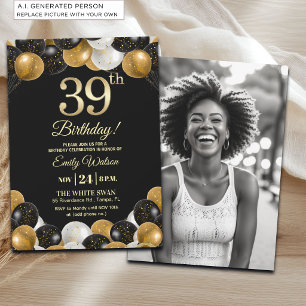 Convite Foto de 39º Aniversário Elegante Preto Dourado Bri