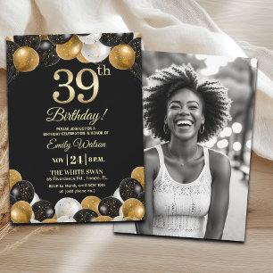 Convite Foto de 39º Aniversário Elegante Preto Dourado Bri