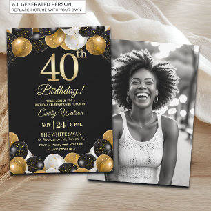 Convite Foto de 40º Aniversário com Brilho Preto e Dourado