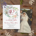 Convite Foto de 40º aniversário do Surprise Party Floral<br><div class="desc">Este convite para o 40º aniversário de casamento da festa de surpresa botânica chic pode ser personalizado com a sua informação especial de aniversário de rubis,  com uma delicada cor d'água verde verde verde. O reverso apresenta sua foto especial. Projetado por Thisnotme©</div>