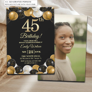 Convite Foto de 45º Aniversário com Brilho Preto e Dourado