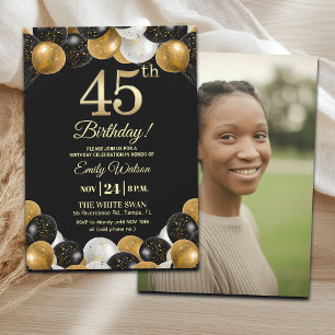 Convite Foto de 45º Aniversário com Brilho Preto e Dourado