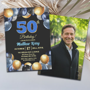 Convite Foto de 50º Aniversário Azul Prata Dourado Elegant