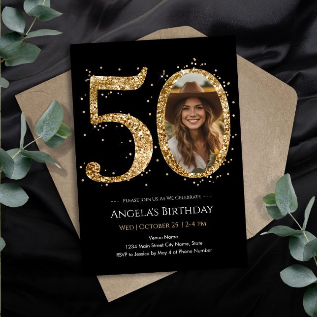 Convite Foto de 50º Aniversário com Brilho Dourado (Criador carregado)