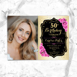 Convite Foto de 50º aniversário da Elegante Dourada Rosa R<br><div class="desc">Elegante convite floral feminino para o 50º aniversário com sua foto. Design com ouro falso. Possui rosas cor-de-rosa, fonte de script e confetti. Perfeito para uma festa de comemoração de na moda adulto. Personalize com seus próprios detalhes. Pode ser personalizado para qualquer idade! Impressos convites Zazzle ou modelo de impressão...</div>