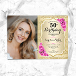 Convite Foto de 50º aniversário da Elegante Dourada Rosas<br><div class="desc">Elegante convite floral feminino para o 50º aniversário com sua foto. Design de vidro com ouro brilhante falso. Apresenta faixas, rosas cor-de-rosa, fontes de script e confetti. Perfeito para uma festa de comemoração de na moda adulto. Personalize com seus próprios detalhes. Pode ser personalizado para qualquer idade! Impressos convites Zazzle...</div>