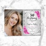 Convite Foto de 50º aniversário da Elegante Silver Pink Ro<br><div class="desc">Elegante convite floral feminino para o 50º aniversário com sua foto. Design com falso brilho de prata. Apresenta faixas, rosas cor-de-rosa, fontes de script e confetti. Perfeito para uma festa de comemoração de na moda adulto. Personalize com seus próprios detalhes. Pode ser personalizado para qualquer idade! Impressos convites Zazzle ou...</div>