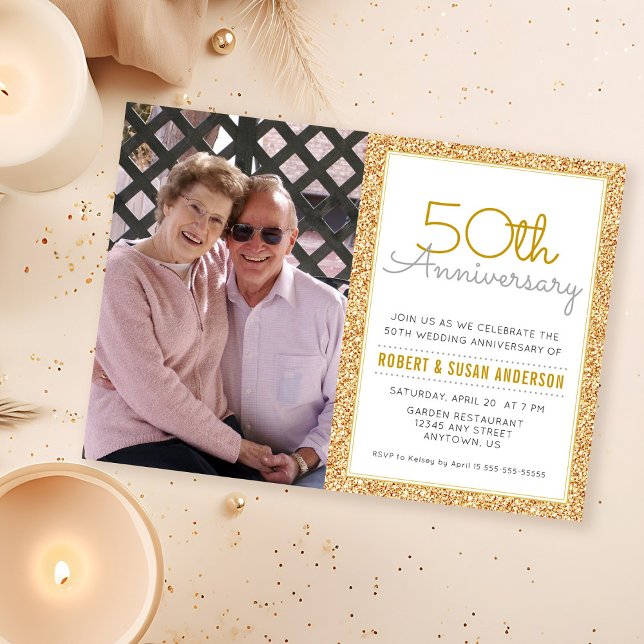 Convite Foto de 50º Aniversário de Casamento com Brilho Do (Criador carregado)