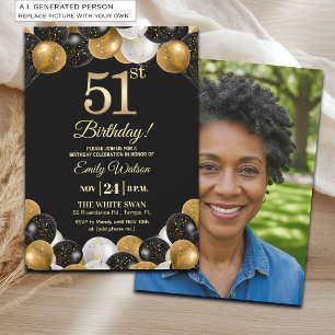 Convite Foto de 51º Aniversário com Brilho Preto Elegante
