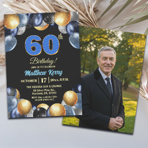 Convite Foto de 60º Aniversário Azul Prata Dourado Elegant