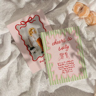 Convite Foto de 60º aniversário de Stripes Vermelhas Rosa 