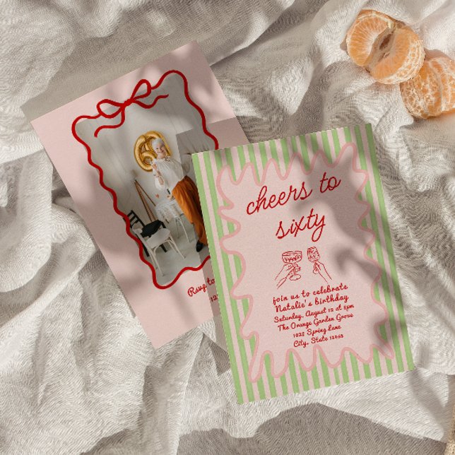 Convite Foto de 60º aniversário de Stripes Vermelhas Rosa  (Criador carregado)