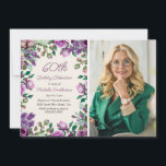 Convite Foto de 60º aniversário do Purple Mint Green Flora<br><div class="desc">Celebre um belo marco com este elegante convite fotográfico de 60 anos. O design apresenta um quadro de rosas de aquarela, lilases e verde em tons de roxo e verde, aliado à tipografia de na moda para os detalhes da festa. Uma foto personalizada do convidado de honra se senta ao...</div>