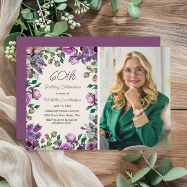 Convite Foto de 60º aniversário do Purple Mint Green Flora (Purple floral and mint green leaves 60th birthday party photo invitation)