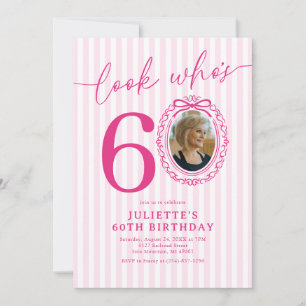 Convite Foto de 60º Aniversário Elegante com Listra Rosa