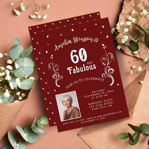 Convite Foto de 60 anos e Folhagem Fabulosa Vermelha