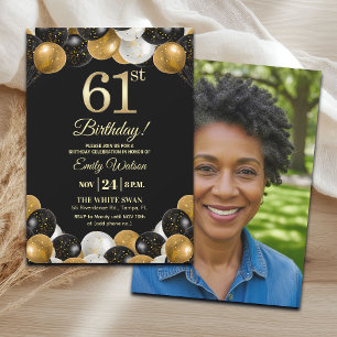Convite Foto de 61º Aniversário com Brilho Preto Elegante