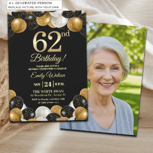Convite Foto de 62º Aniversário com Brilho Preto Elegante