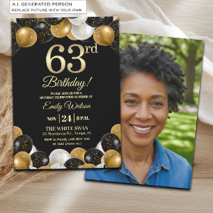 Convite Foto de 63º Aniversário com Brilho Preto e Dourado