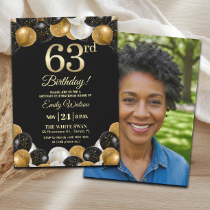 Convite Foto de 63º Aniversário com Brilho Preto e Dourado