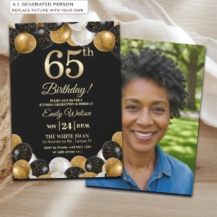 Convite Foto de 65º Aniversário com Brilho Preto e Dourado