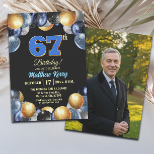 Convite Foto de 67º Aniversário Azul Prata Dourado Elegant