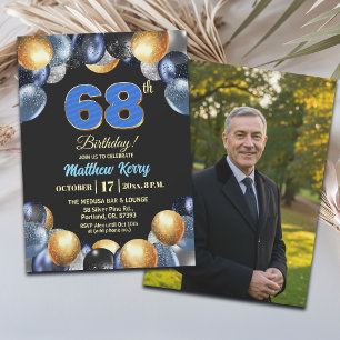 Convite Foto de 68º Aniversário Azul Prata Dourado Elegant