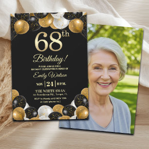 Convite Foto de 68º Aniversário com Brilho Preto Elegante 