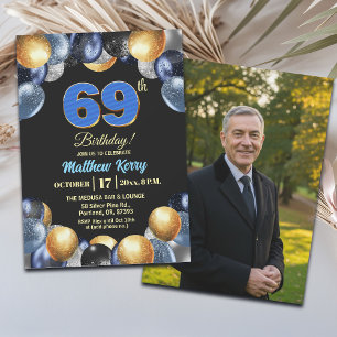 Convite Foto de 69º Aniversário Azul Prata Dourado Elegant