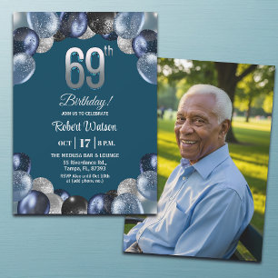 Convite Foto de 69º Aniversário com Brilho Azul Elegante P