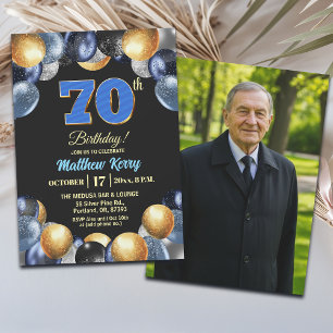 Convite Foto de 70º Aniversário Azul Prata Dourado Elegant