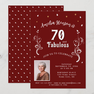 Convite Foto de 70 anos e Folhagem Fabulosa Vermelha