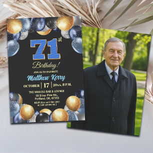 Convite Foto de 71º Aniversário Azul Prata Dourado Elegant