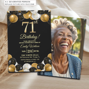 Convite Foto de 71º Aniversário com Brilho Preto e Dourado