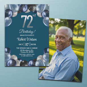 Convite Foto de 72º Aniversário Azul Elegante com Brilho P