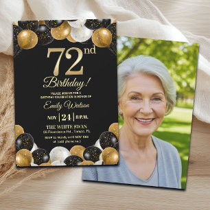 Convite Foto de 72º Aniversário com Brilho Preto e Dourado