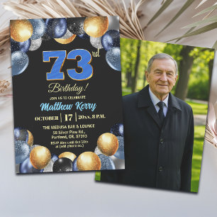 Convite Foto de 73º Aniversário Azul Prata Dourado Elegant