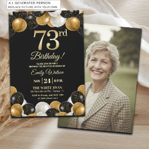 Convite Foto de 73º Aniversário com Brilho Preto e Dourado
