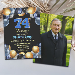 Convite Foto de 74º Aniversário Azul Prata Dourado Elegant