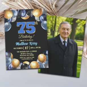 Convite Foto de 75º Aniversário Azul Prata Dourado Elegant