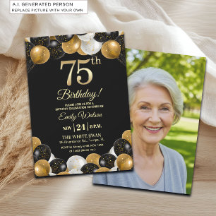 Convite Foto de 75º Aniversário com Brilho Preto Dourado E