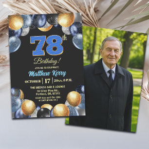 Convite Foto de 78º Aniversário Azul Prata Dourado Elegant