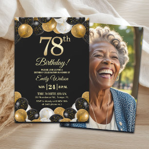 Convite Foto de 78º Aniversário com Brilho Preto e Dourado