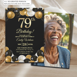 Convite Foto de 79º Aniversário com Brilho Preto e Dourado