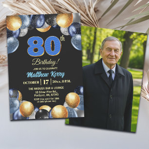 Convite Foto de 80º Aniversário Azul Prata Dourado Elegant