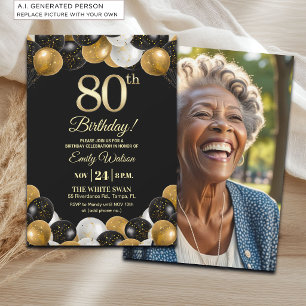 Convite Foto de 80º Aniversário com Brilho Preto e Dourado