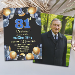 Convite Foto de 81º Aniversário Azul Prata Dourado Elegant